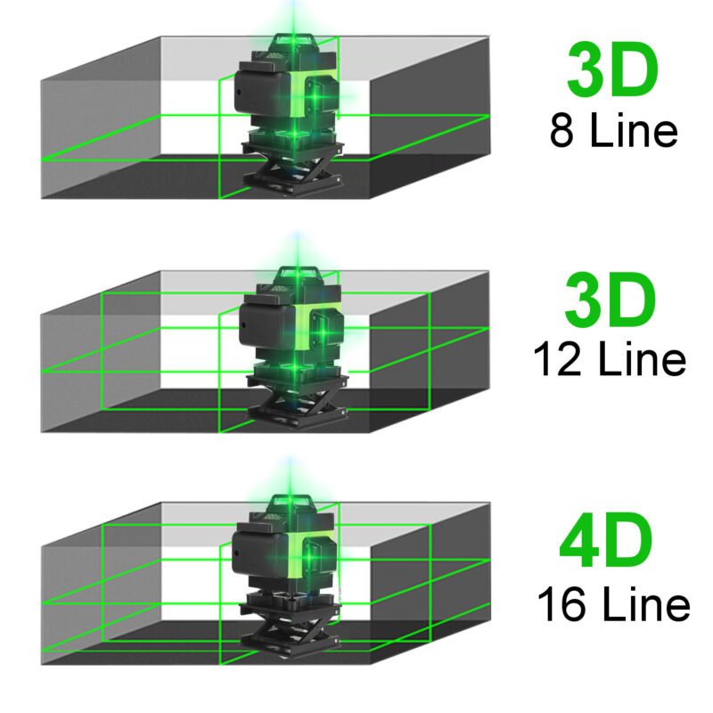 4D 16 Linijų lazerinis nivelyras su dviem baterijomis