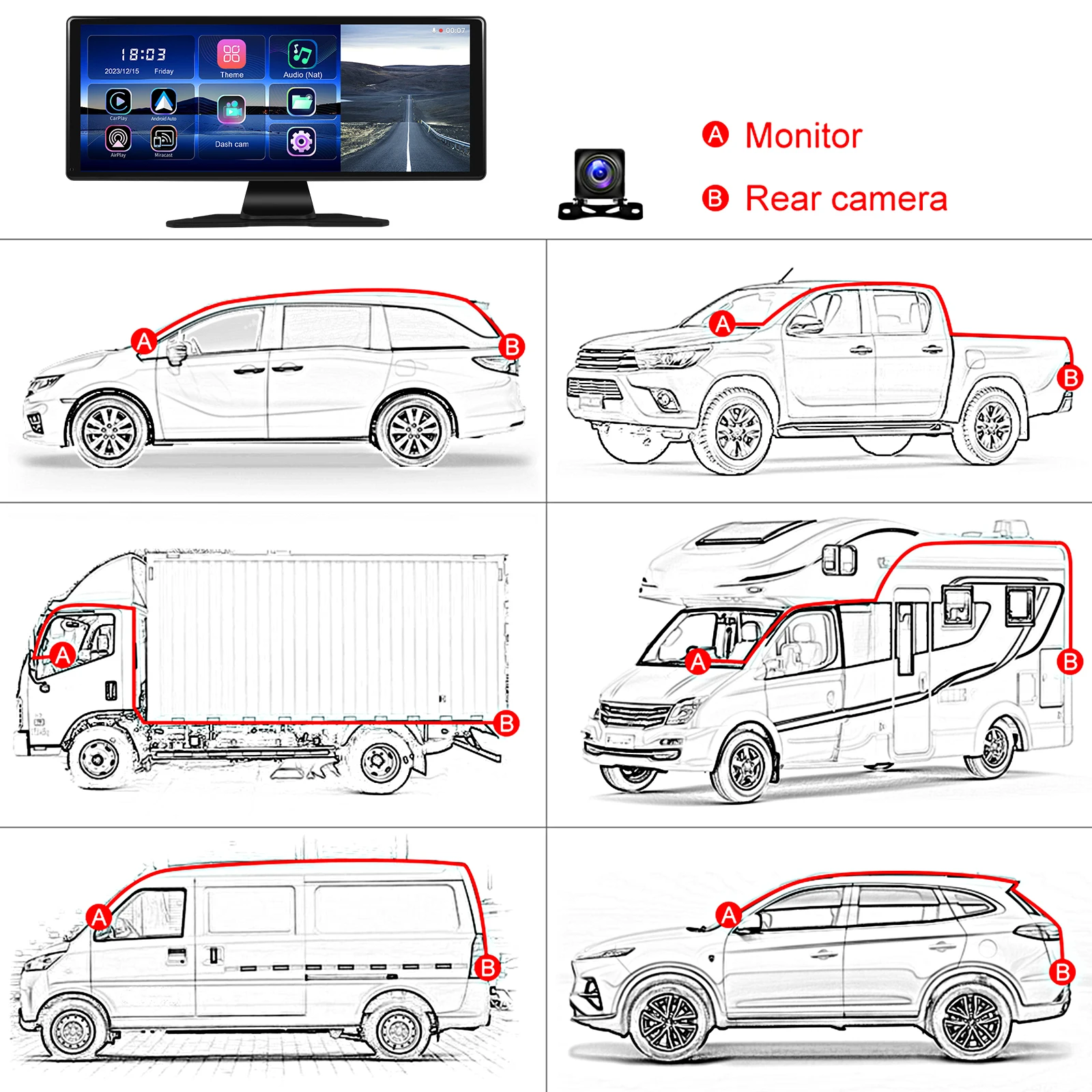 10 Colių universali Carplay multimedija su registratoriaus funkcija