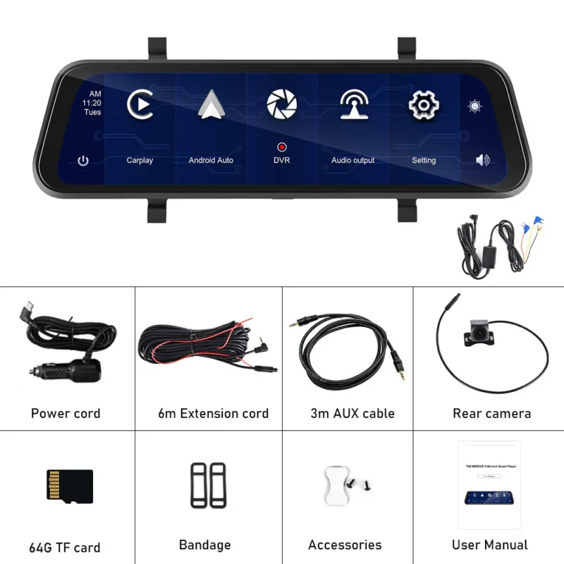 išmanusis galinio vaizdo veidrodėlis su registratoriumi kamera carplay ir android auto sistema navigacija