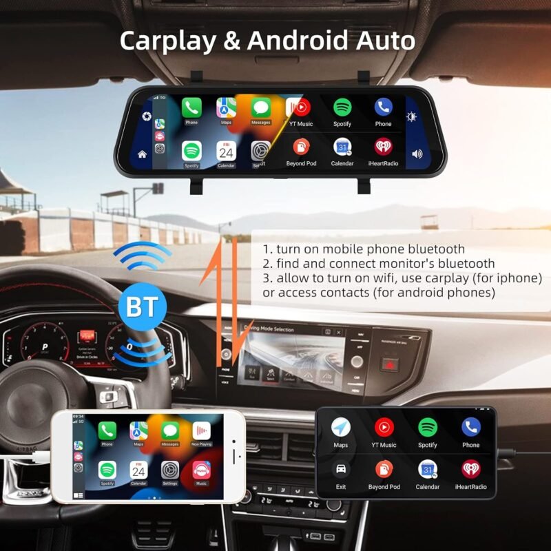 išmanusis galinio vaizdo veidrodėlis su registratoriumi kamera carplay ir android auto sistema navigacija