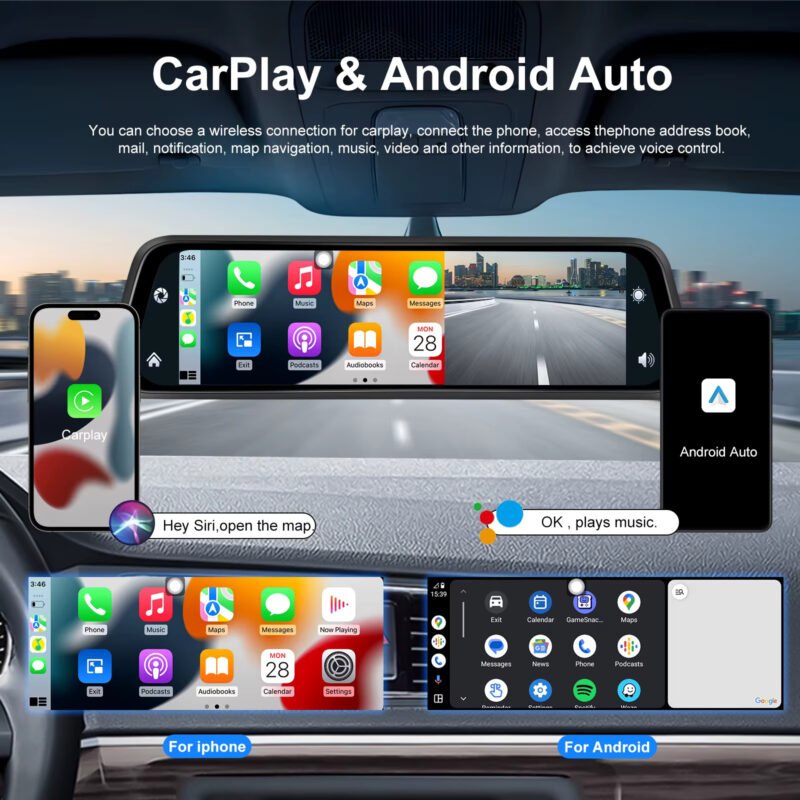 išmanusis galinio vaizdo veidrodėlis su registratoriumi kamera carplay ir android auto sistema navigacija