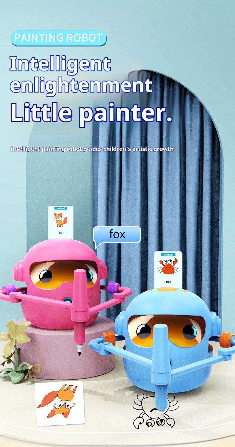 Mokomasis Piešimo robotas su muzika ir kortelėmis bei flomasteriais