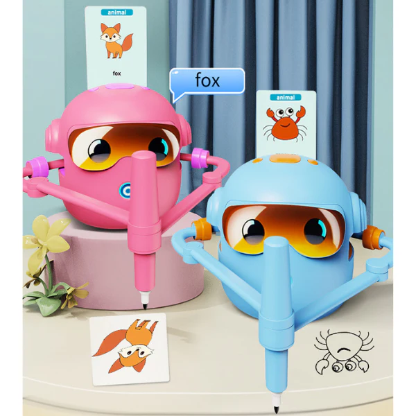 Mokomasis Piešimo robotas su muzika ir kortelėmis bei flomasteriais