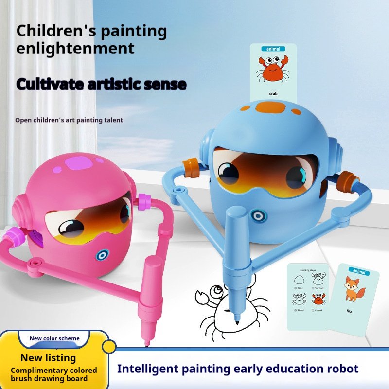 Mokomasis Piešimo robotas su muzika ir kortelėmis bei flomasteriais