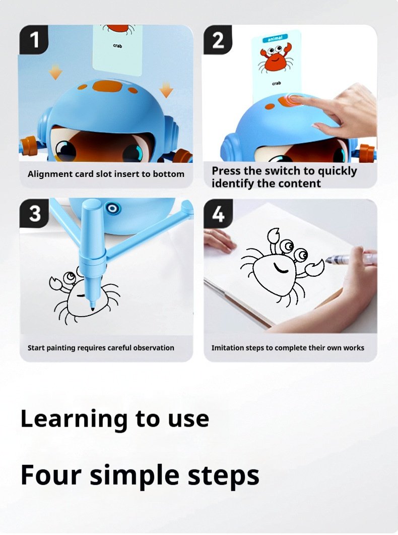 Mokomasis Piešimo robotas su muzika ir kortelėmis bei flomasteriais