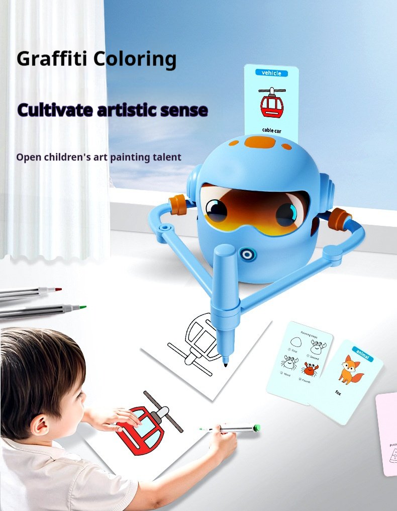 Mokomasis Piešimo robotas su muzika ir kortelėmis bei flomasteriais