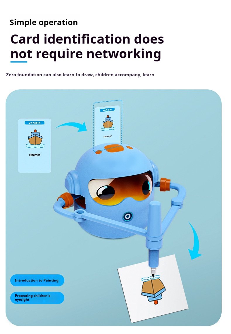 Mokomasis Piešimo robotas su muzika ir kortelėmis bei flomasteriais
