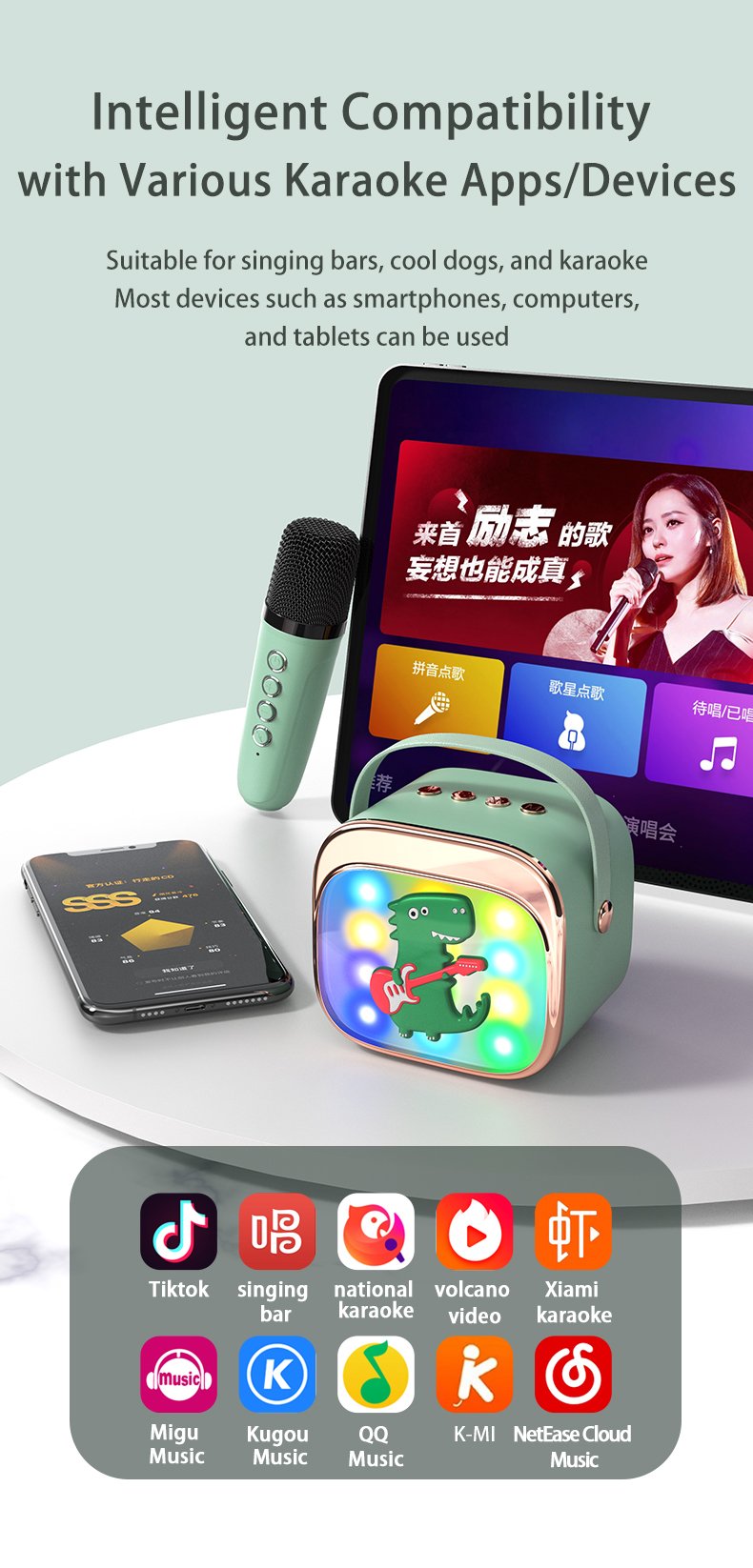 Vaikiška karaoke sistema kolonėle su Bluetooth + 2 mikrofonai LED šviesos
