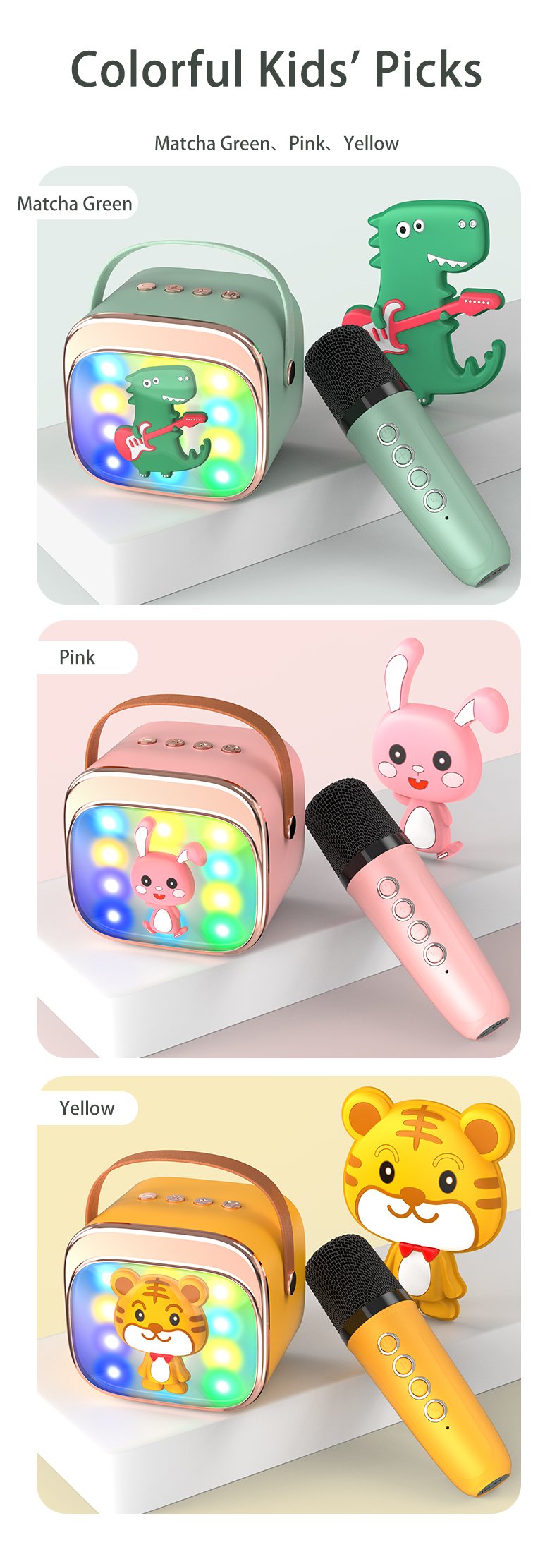 Vaikiška karaoke sistema kolonėle su Bluetooth + 2 mikrofonai LED šviesos