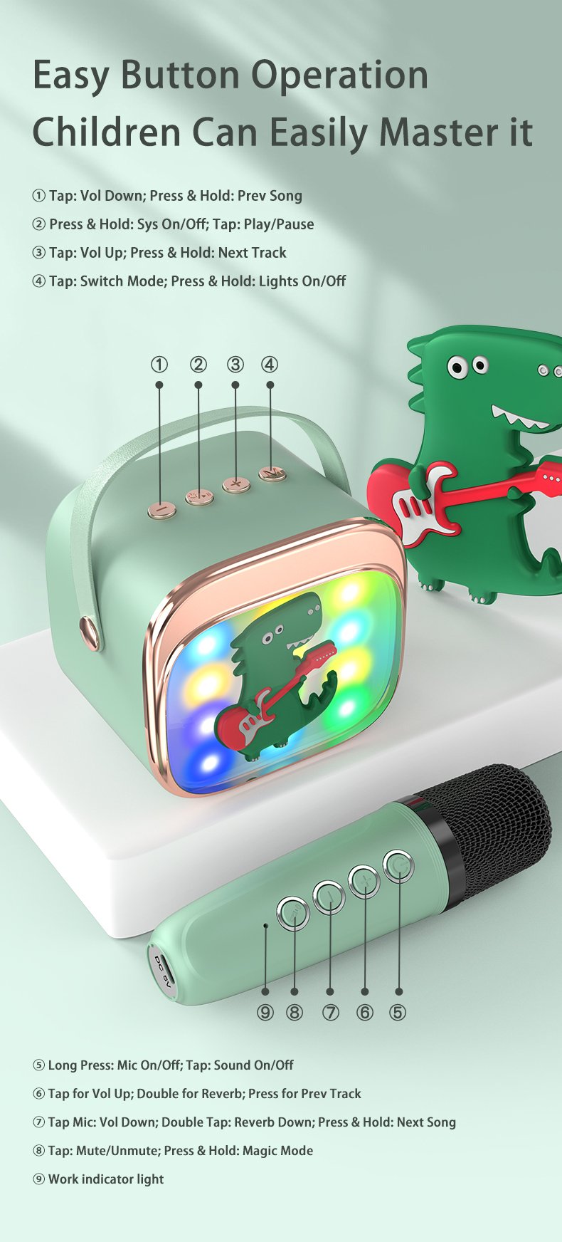 Vaikiška karaoke sistema kolonėle su Bluetooth + 2 mikrofonai LED šviesos