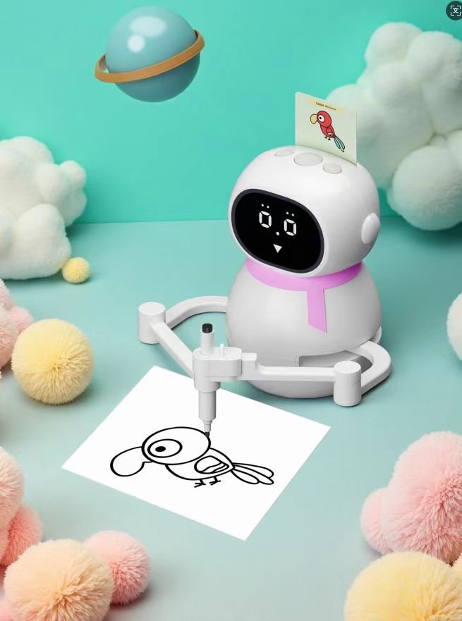 Mokomasis piešimo robotas vaikams su emocijų ekranu ir muzika