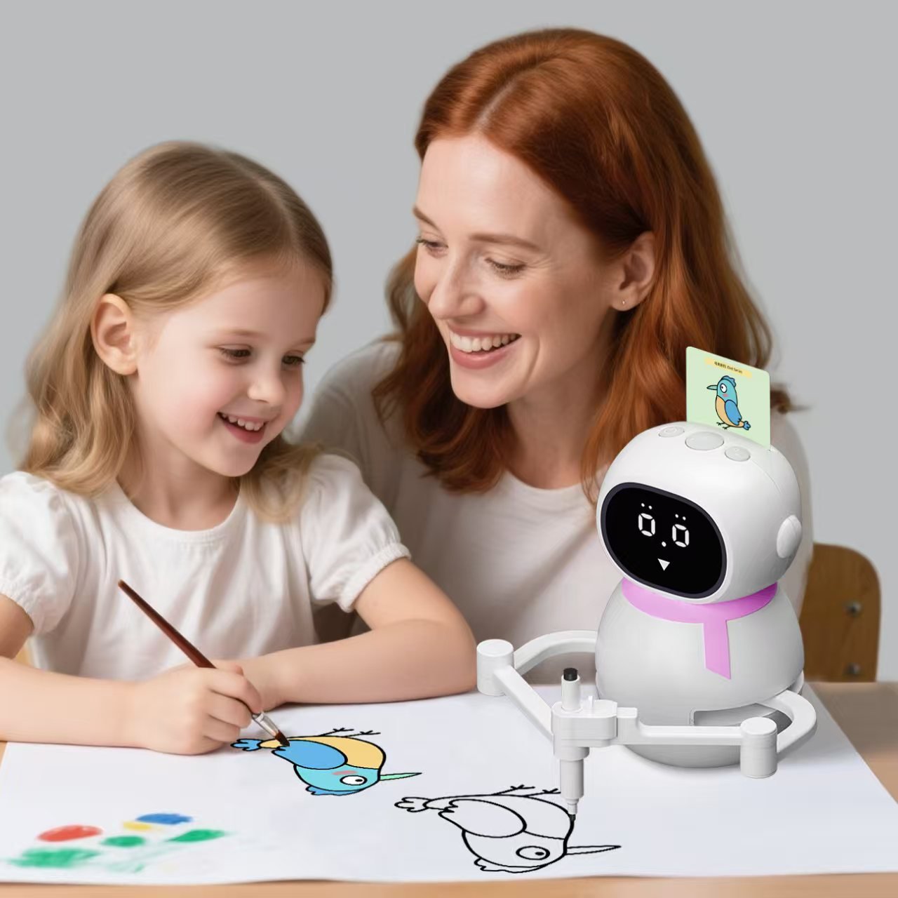 Mokomasis piešimo robotas vaikams su emocijų ekranu ir muzika