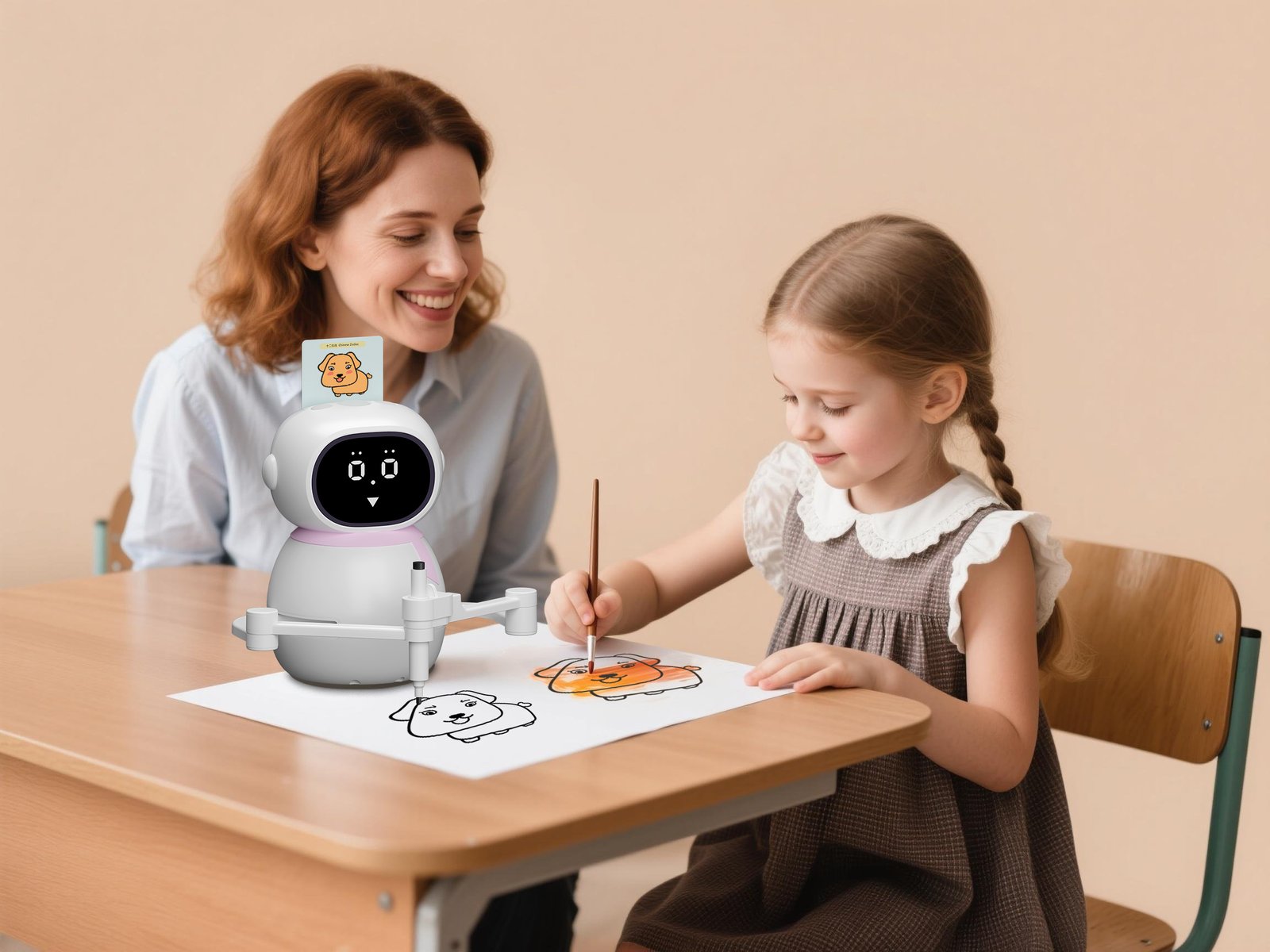 Mokomasis piešimo robotas vaikams su emocijų ekranu ir muzika