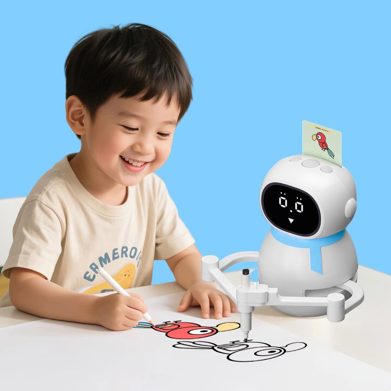 Mokomasis piešimo robotas vaikams su emocijų ekranu ir muzika