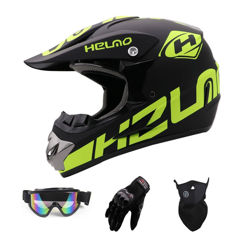 Vaikiškas moto šalmas su akiniais ir pirštinėmis žalias vaikams ir paaugliams