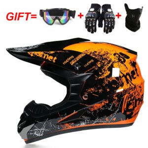 Vaikiškas motociklininko šalmas su akiniais ir pirštinėmis oranžinis vaikams ir paaugliams