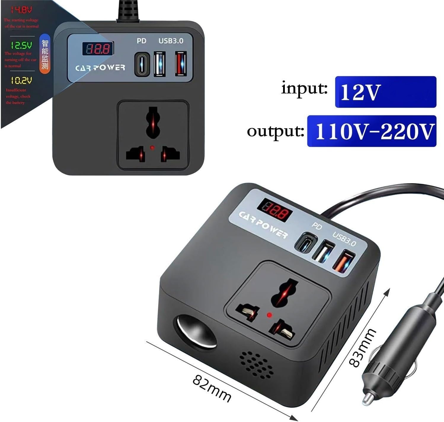 Mini 12V į 220V inverteris įtampos keitiklis 150W su USB